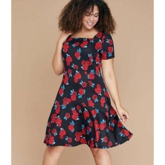 Lane Bryant Dresses & Skirts - NWT Lane Bryant Dress Womens Size 12 Black Red Rose Floral ALine Short Sleeve